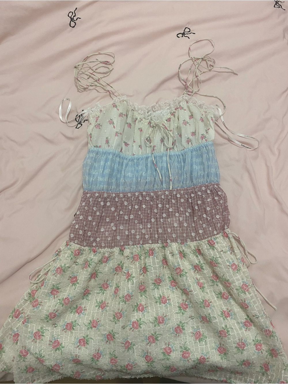 For Love And Lemons Floral Tiered Mini Dress in Cream, Blue, Mauve, Pink